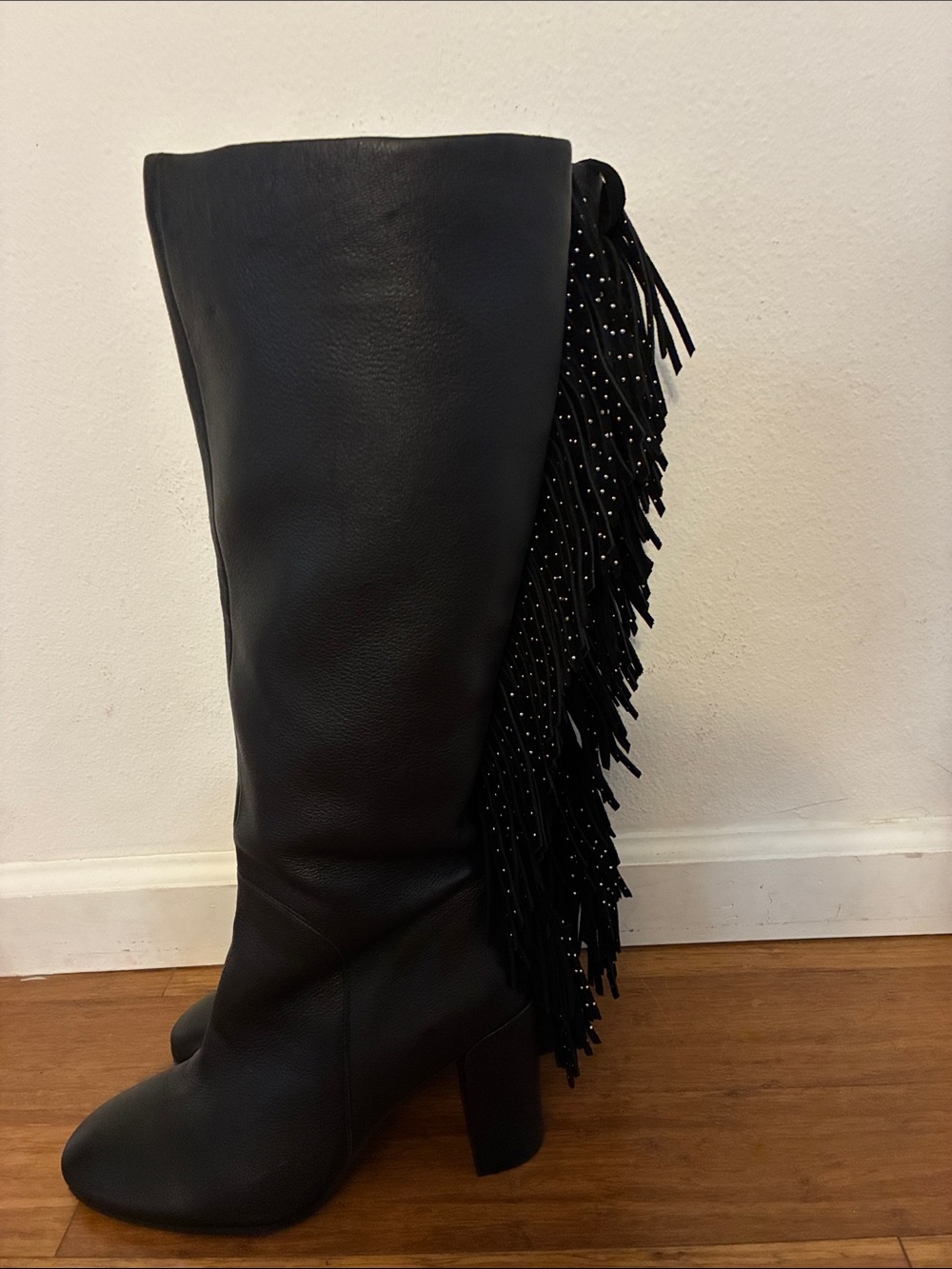 Kenneth Cole NY NWOT Black Leather Justin Fringe Boot with Stud Accent Size 11